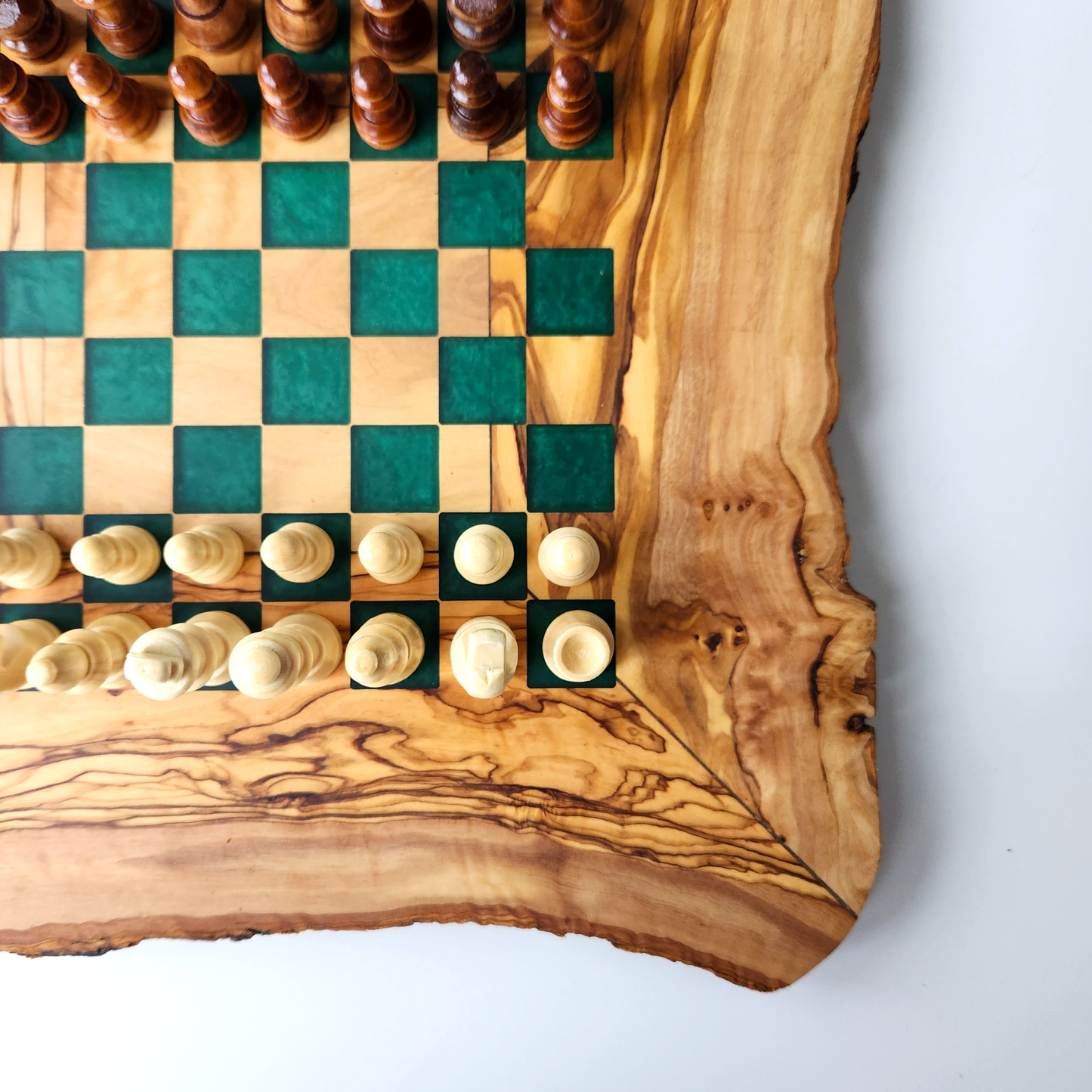 Live Edge Olive Wood & Epoxy Chess Board - 32 pieces - Green