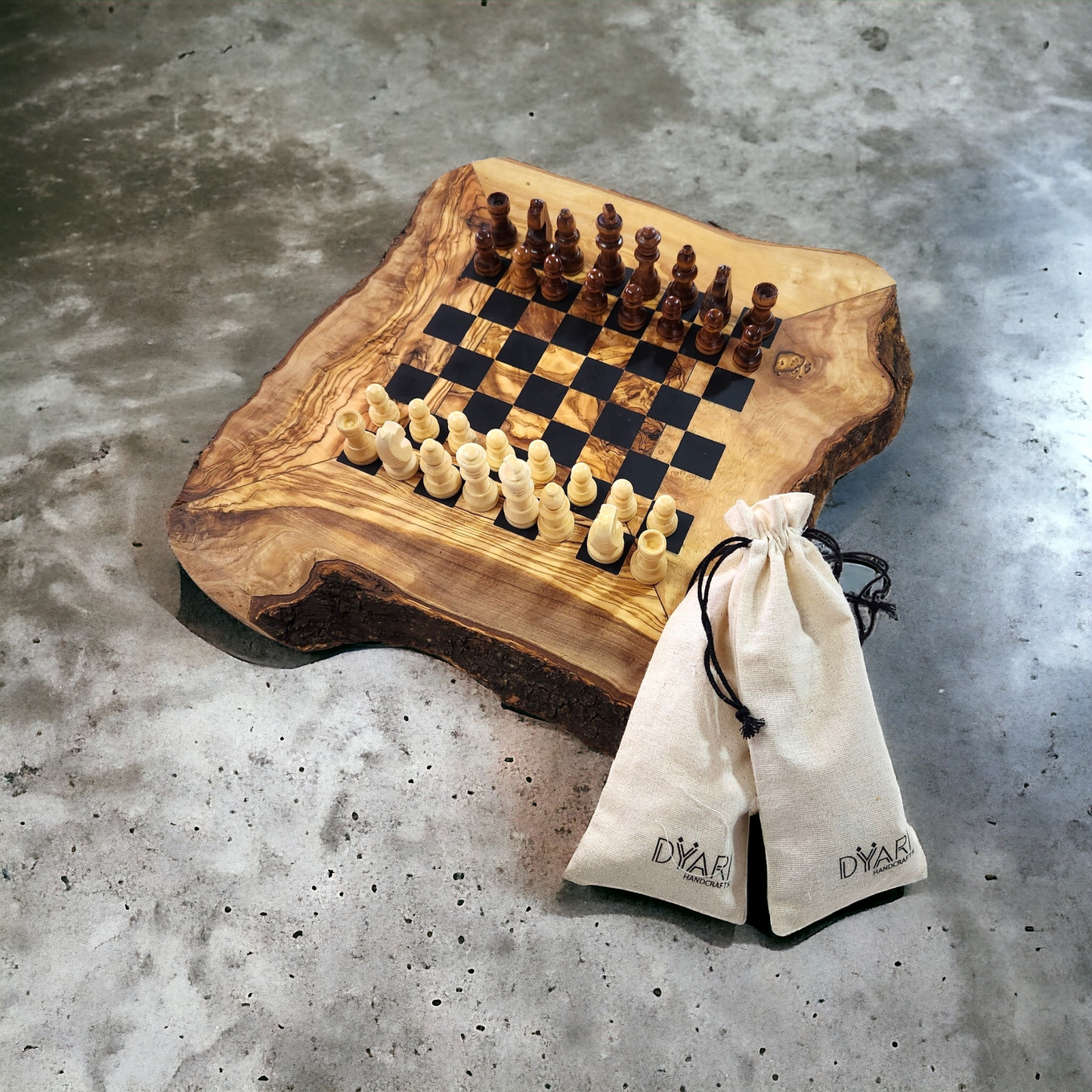 Live Edge Olive Wood & Epoxy Chess Board - 32 pieces - Black
