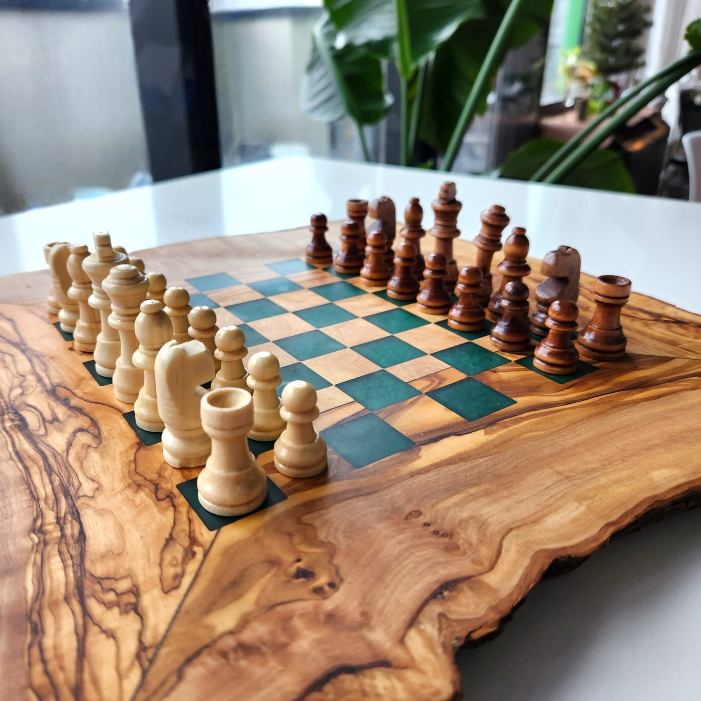 Live Edge Olive Wood & Epoxy Chess Board - 32 pieces - Green