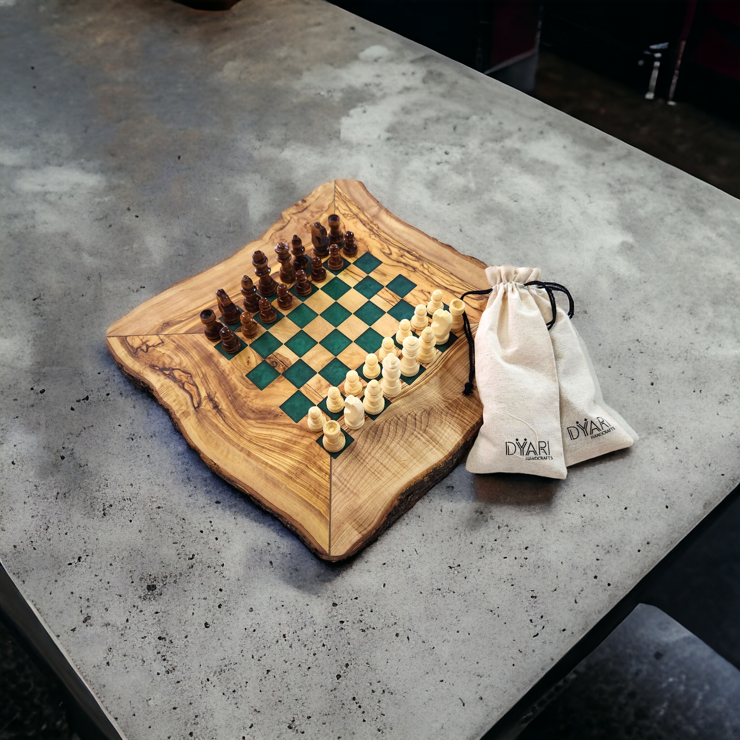 Live Edge Olive Wood & Epoxy Chess Board - 32 pieces - Green