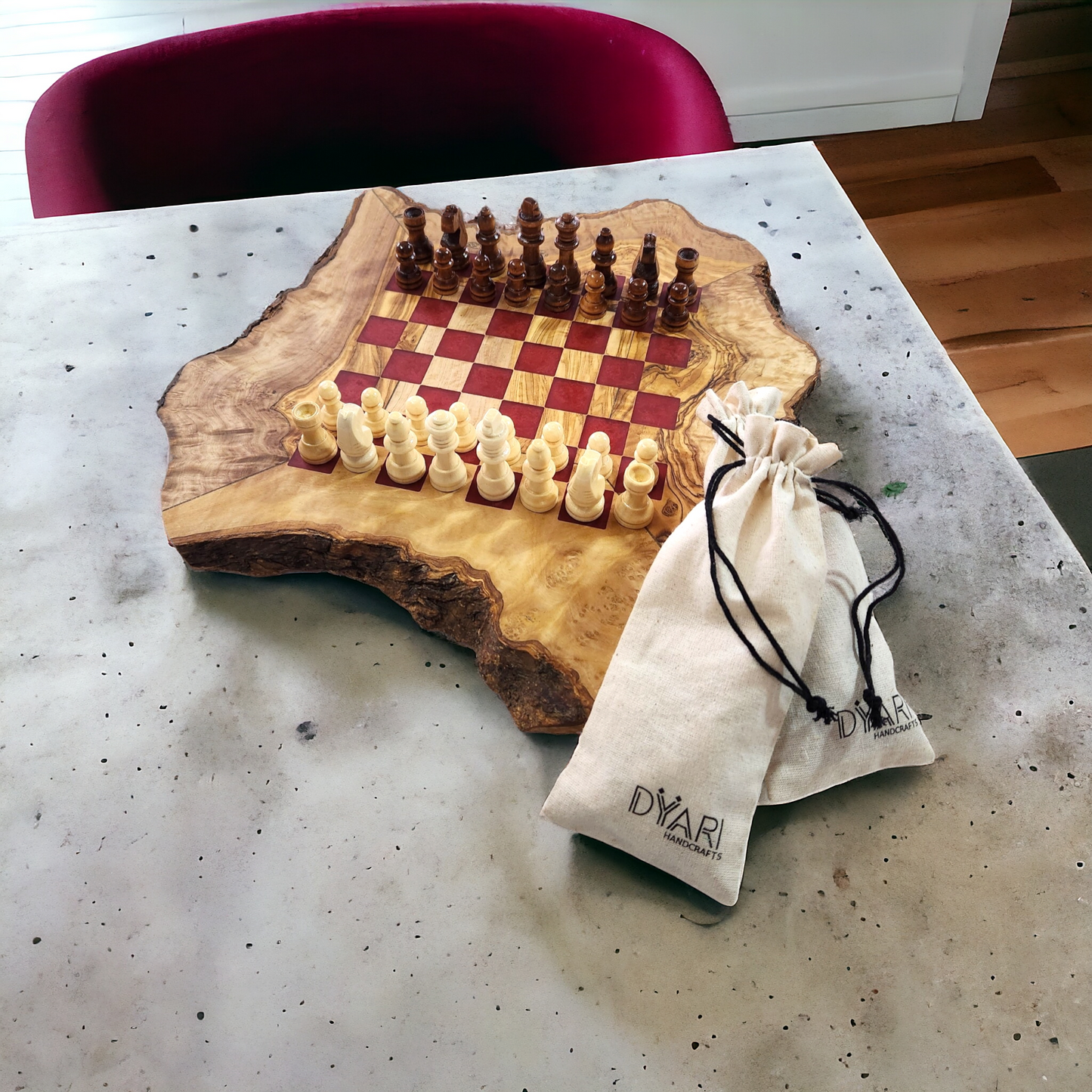 Live Edge Olive Wood & Epoxy Chess Board - 32 pieces - Red