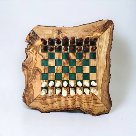 Live Edge Olive Wood & Epoxy Chess Board - 32 pieces - Green
