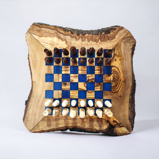 Live Edge Olive Wood & Epoxy Chess Board - 32 pieces - Blue