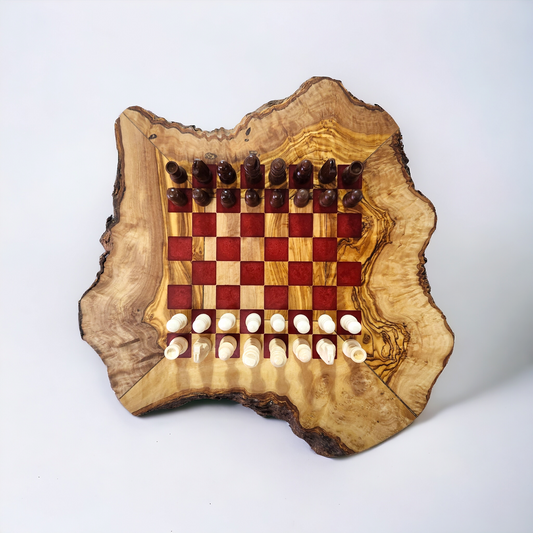 Live Edge Olive Wood & Epoxy Chess Board - 32 pieces - Red
